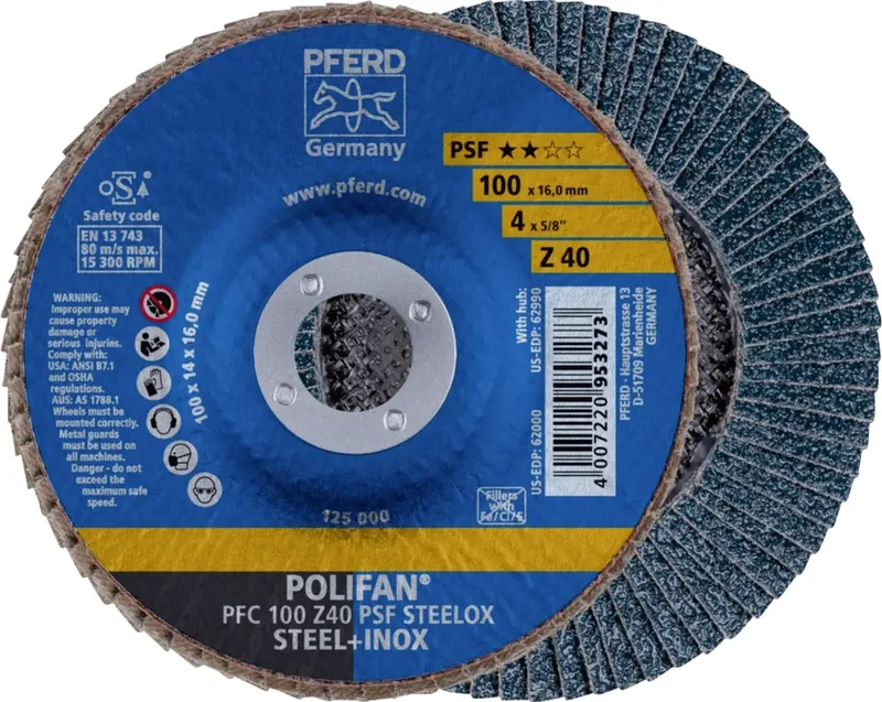 TOOLS 67764100 PFC 100 Z 40 PSF STEELOX/16,0 Fächerschleifscheibe Durchmesser 100 mm Bohrungs-Ø 16 mm Körnung (num) 40 Edelstahl, Stahl 10 St. de PFERD – image du produit 1 sur 2