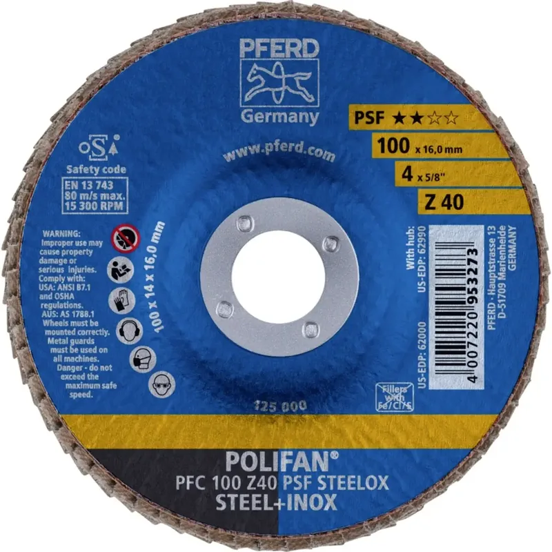 TOOLS 67764100 PFC 100 Z 40 PSF STEELOX/16,0 Fächerschleifscheibe Durchmesser 100 mm Bohrungs-Ø 16 mm Körnung (num) 40 Edelstahl, Stahl 10 St. de PFERD – image du produit 2 sur 2