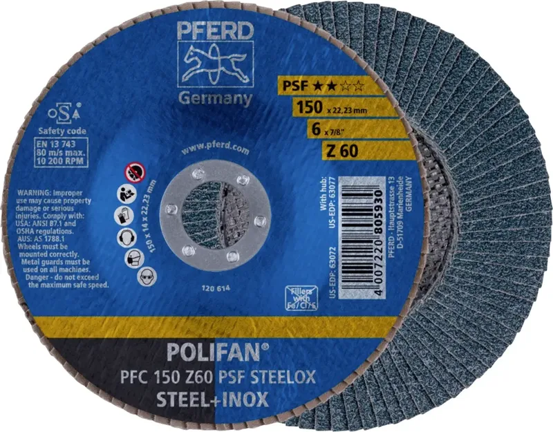 TOOLS 67766150 PFC 150 Z 60 PSF STEELOX Fächerschleifscheibe Durchmesser 150 mm Bohrungs-Ø 22.23 mm Körnung (num) 60 Edelstahl, Stahl 10 St. de PFERD – image du produit 1 sur 2