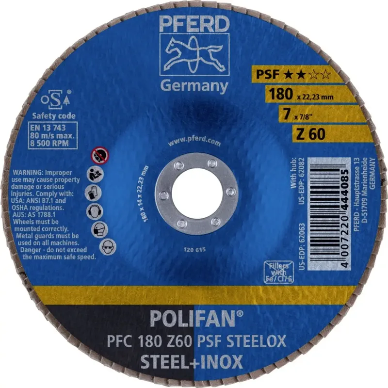 TOOLS 67766185 PFC 180 Z 60 PSF STEELOX Fächerschleifscheibe Durchmesser 180 mm Bohrungs-Ø 22.23 mm Körnung (num) 60 Edelstahl, Stahl 10 St. de PFERD – image du produit 2 sur 2