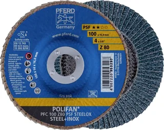 TOOLS 67768100 PFC 100 Z 80 PSF STEELOX/16,0 Fächerschleifscheibe Durchmesser 100 mm Bohrungs-Ø 16 mm Körnung (num) 80 Edelstahl, Stahl 10 St. de PFERD – image du produit 1 sur 2