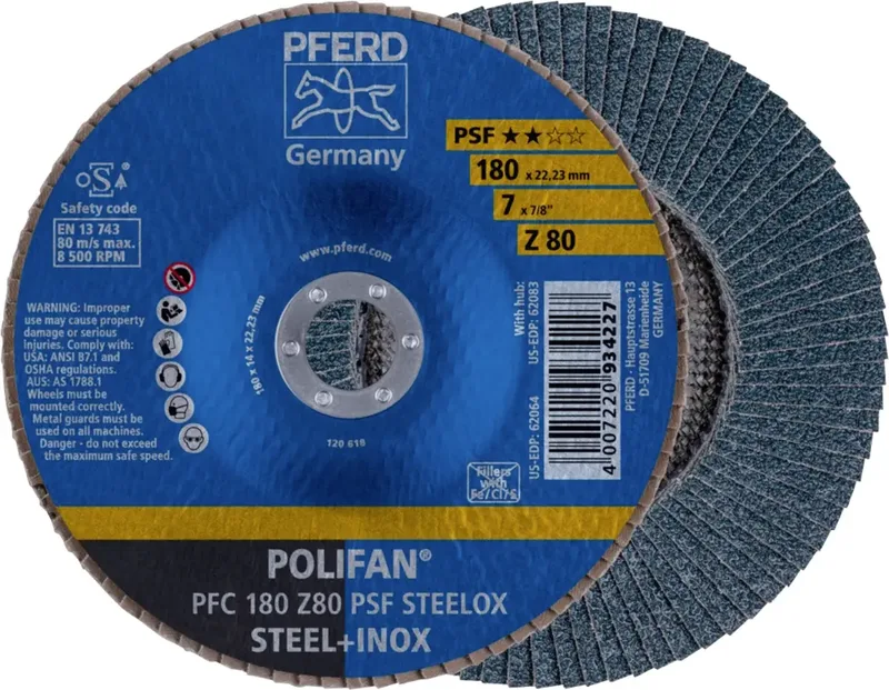 TOOLS 67768185 PFC 180 Z 80 PSF STEELOX Fächerschleifscheibe Durchmesser 180 mm Bohrungs-Ø 22.23 mm Körnung (num) 80 Edelstahl, Stahl 10 St. van PFERD – productafbeelding