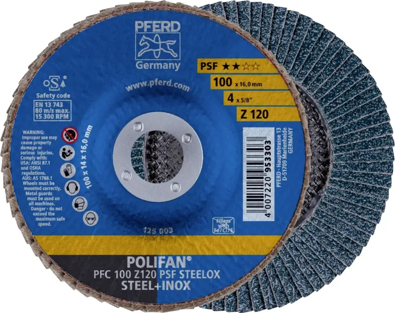 TOOLS 67769100 PFC 100 Z 120 PSF STEELOX/16,0 Fächerschleifscheibe Durchmesser 100 mm Bohrungs-Ø 16 mm Körnung (num) 120 Edelstahl, Stahl 10 St. von PFERD – Produktbild