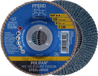TOOLS 67769115 PFC 115 Z 120 PSF STEELOX Fächerschleifscheibe Durchmesser 115 mm Bohrungs-Ø 22.23 mm Körnung (num) 120 Edelstahl, Stahl 10 St. fra PFERD – produktbillede 1 af 2