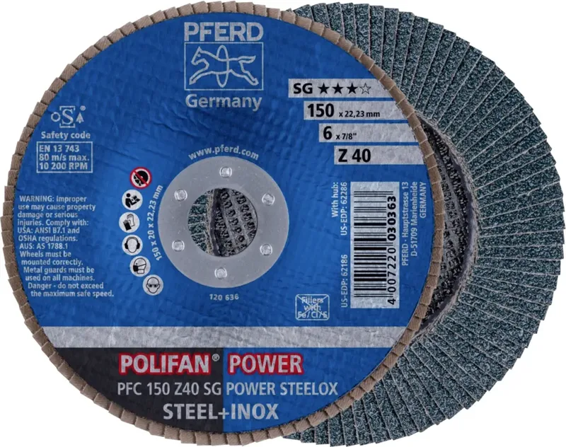 TOOLS 67784150 PFC 150 Z 40 SG POWER STEELOX Fächerschleifscheibe Durchmesser 150 mm Bohrungs-Ø 22.23 mm Körnung (num) 40 Edelstahl, Stahl 10 St. von PFERD – Produktbild 1 von 2