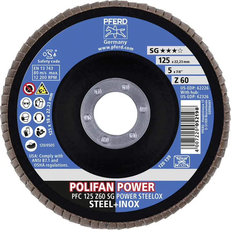 TOOLS 67786125 Z Sg Power Steelox Fächerschleifscheibe Durchmesser 125 mm Bohrungs-Ø 22.23 mm Körnung (num) 60 10 St. fra PFERD – produktbillede 3 af 3