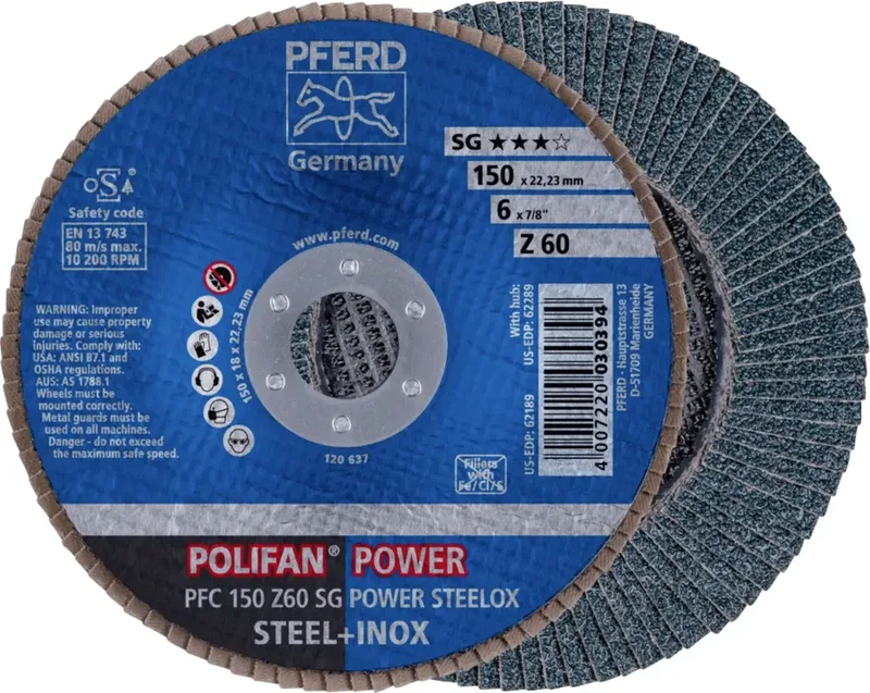 TOOLS 67786150 PFC 150 Z 60 SG POWER STEELOX Fächerschleifscheibe Durchmesser 150 mm Bohrungs-Ø 22.23 mm Körnung (num) 60 Edelstahl, Stahl 10 St. de PFERD – image du produit 1 sur 2