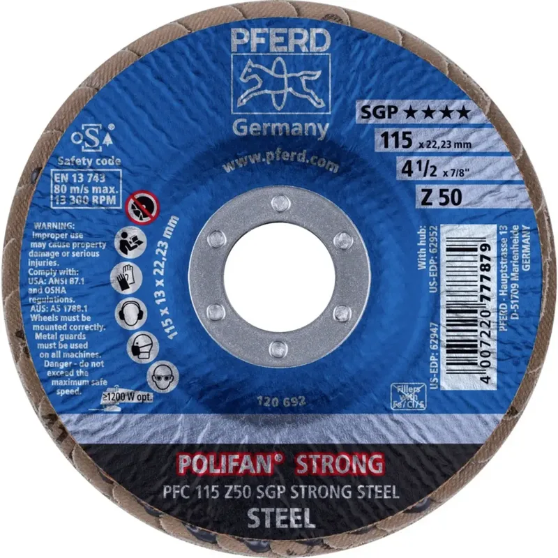 TOOLS 67788115 PFC 115 Z 50 SGP STRONG STEEL Fächerschleifscheibe Durchmesser 115 mm Bohrungs-Ø 22.23 mm Körnung (num) 50 Stahl 10 St. de PFERD – image du produit 2 sur 2
