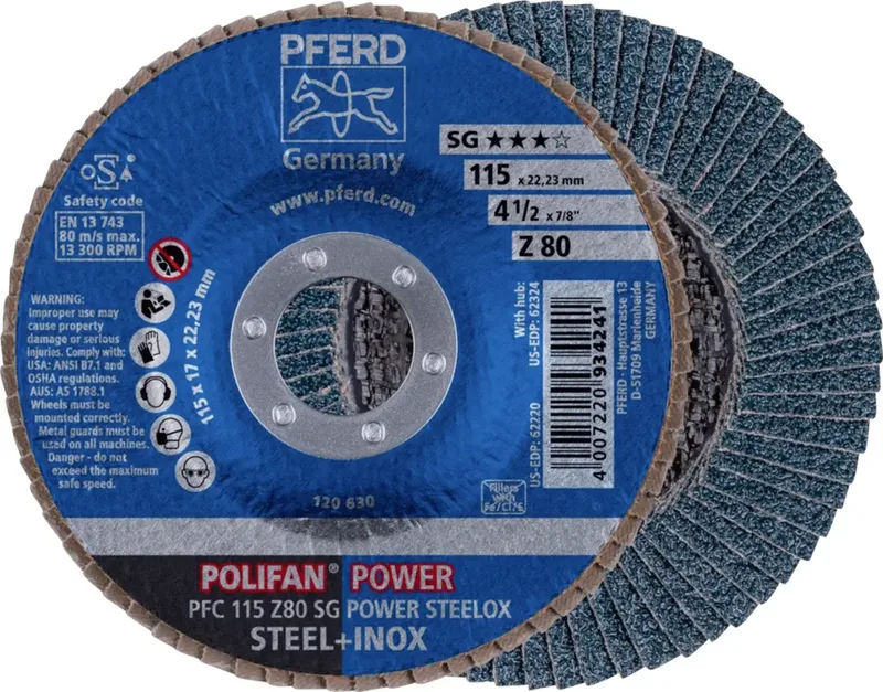 TOOLS 67788116 PFC 115 Z 80 SG POWER STEELOX Fächerschleifscheibe Durchmesser 115 mm Bohrungs-Ø 22.23 mm Körnung (num) 80 Edelstahl, Stahl 10 St. van PFERD – productafbeelding