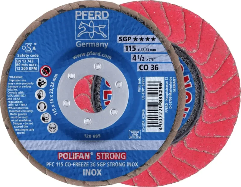 TOOLS 67789015 PFC 115 CO-FREEZE 36 SGP STRONG INOX Fächerschleifscheibe Durchmesser 115 mm Bohrungs-Ø 22.23 mm Körnung (num) 36 Kobaltbasislegierung von PFERD – Produktbild 1 von 2