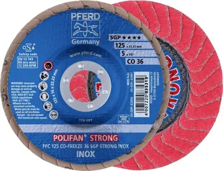 TOOLS 67789025 PFC 125 CO-FREEZE 36 SGP STRONG INOX Fächerschleifscheibe Durchmesser 125 mm Bohrungs-Ø 22.23 mm Körnung (num) 36 Kobaltbasislegierung de PFERD – image du produit 1 sur 2