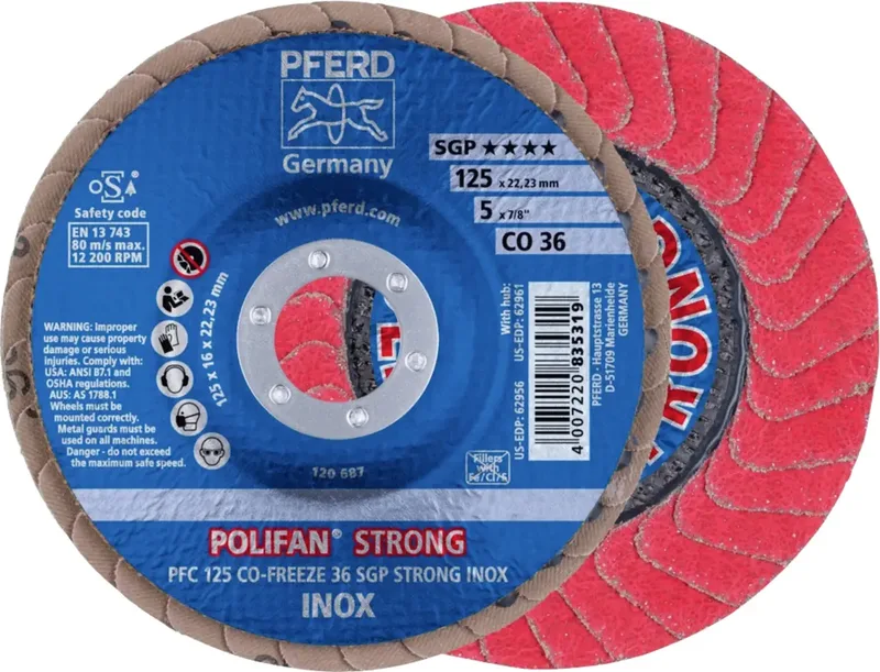 TOOLS 67789025 PFC 125 CO-FREEZE 36 SGP STRONG INOX Fächerschleifscheibe Durchmesser 125 mm Bohrungs-Ø 22.23 mm Körnung (num) 36 Kobaltbasislegierung de PFERD – image du produit 1 sur 2