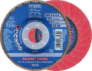 TOOLS 67789115 PFC 115 CO-FREEZE 50 SGP STRONG INOX Fächerschleifscheibe Durchmesser 115 mm Bohrungs-Ø 22.23 mm Körnung (num) 50 Kobaltbasislegierung von PFERD – Produktbild 1 von 2