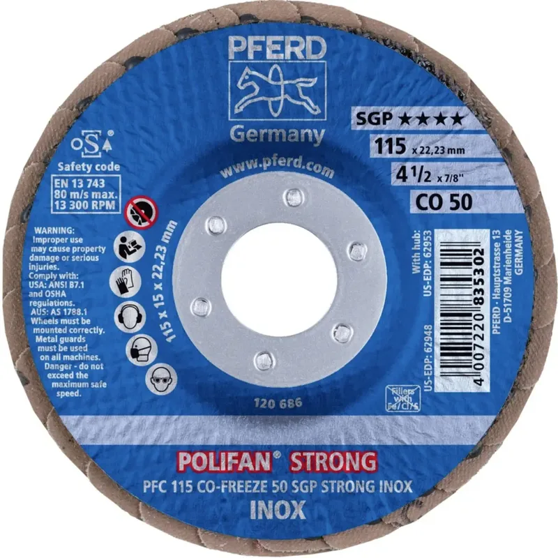 TOOLS 67789115 PFC 115 CO-FREEZE 50 SGP STRONG INOX Fächerschleifscheibe Durchmesser 115 mm Bohrungs-Ø 22.23 mm Körnung (num) 50 Kobaltbasislegierung von PFERD – Produktbild 2 von 2