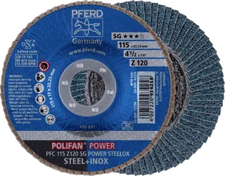 TOOLS 67789116 PFC 115 Z 120 SG POWER STEELOX Fächerschleifscheibe Durchmesser 115 mm Bohrungs-Ø 22.23 mm Körnung (num) 120 Edelstahl, Stahl 10 St. de PFERD – image du produit 1 sur 2