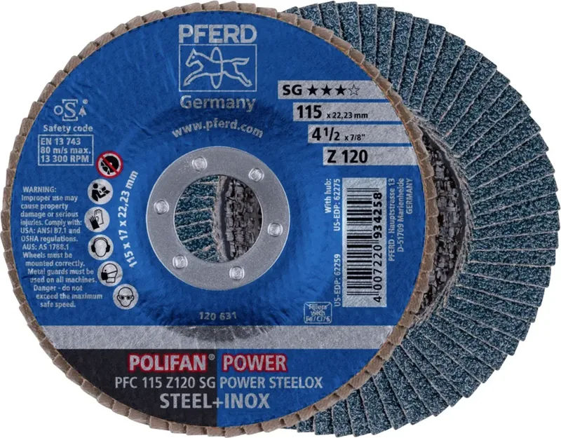 TOOLS 67789116 PFC 115 Z 120 SG POWER STEELOX Fächerschleifscheibe Durchmesser 115 mm Bohrungs-Ø 22.23 mm Körnung (num) 120 Edelstahl, Stahl 10 St. de PFERD – image du produit 1 sur 2