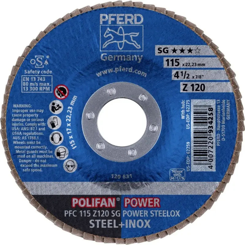 TOOLS 67789116 PFC 115 Z 120 SG POWER STEELOX Fächerschleifscheibe Durchmesser 115 mm Bohrungs-Ø 22.23 mm Körnung (num) 120 Edelstahl, Stahl 10 St. de PFERD – image du produit 2 sur 2