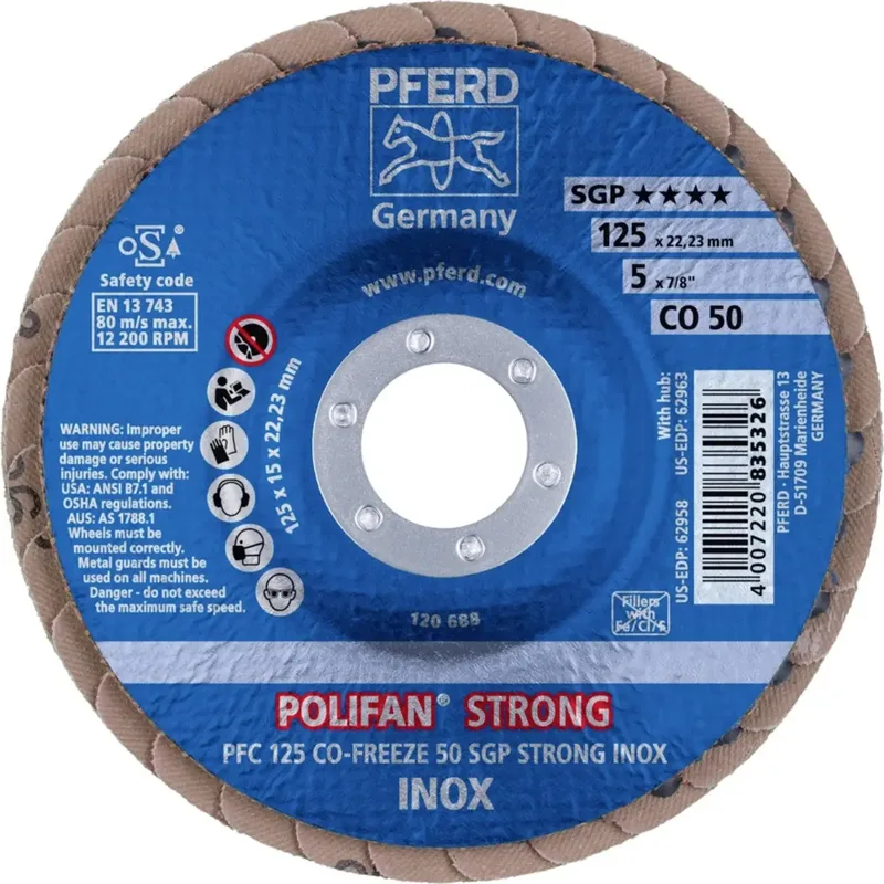 TOOLS 67789125 PFC 125 CO-FREEZE 50 SGP STRONG INOX Fächerschleifscheibe Durchmesser 125 mm Bohrungs-Ø 22.23 mm Körnung (num) 50 Kobaltbasislegierung de PFERD – image du produit 2 sur 2
