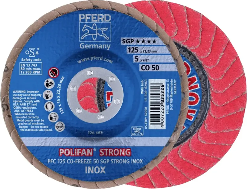 TOOLS 67789125 PFC 125 CO-FREEZE 50 SGP STRONG INOX Fächerschleifscheibe Durchmesser 125 mm Bohrungs-Ø 22.23 mm Körnung (num) 50 Kobaltbasislegierung de PFERD – image du produit 1 sur 2