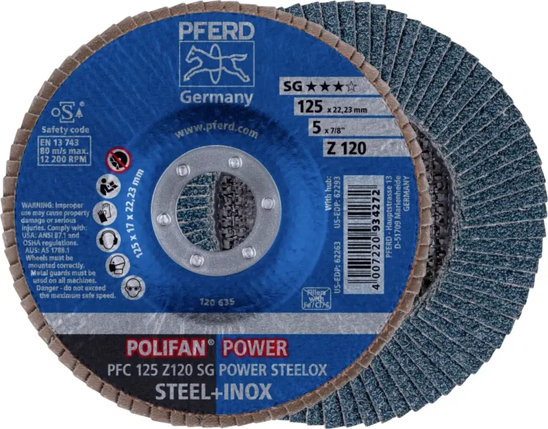 TOOLS 67789126 PFC 125 Z 120 SG POWER STEELOX Fächerschleifscheibe Durchmesser 125 mm Bohrungs-Ø 22.23 mm Körnung (num) 120 Edelstahl, Stahl 10 St. de PFERD – image du produit 1 sur 2