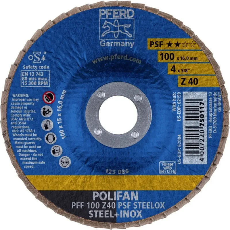 TOOLS 69300660 PFF 100 Z 40 PSF STEELOX/16,0 Fächerschleifscheibe Durchmesser 100 mm Bohrungs-Ø 16 mm Körnung (num) 40 Edelstahl, Stahl 10 St. de PFERD – image du produit 2 sur 2