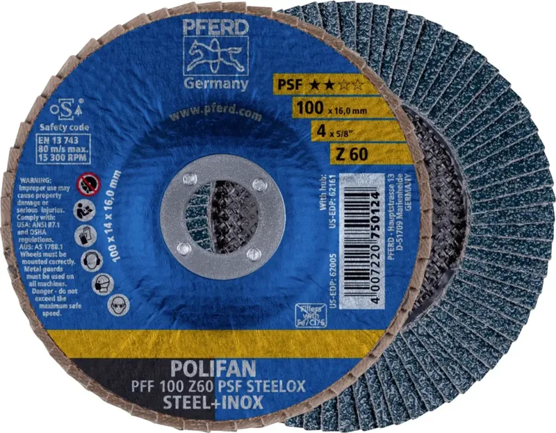 TOOLS 69300661 PFF 100 Z 60 PSF STEELOX/16,0 Fächerschleifscheibe Durchmesser 100 mm Bohrungs-Ø 16 mm Körnung (num) 60 Edelstahl, Stahl 10 St. de PFERD – image du produit 1 sur 2