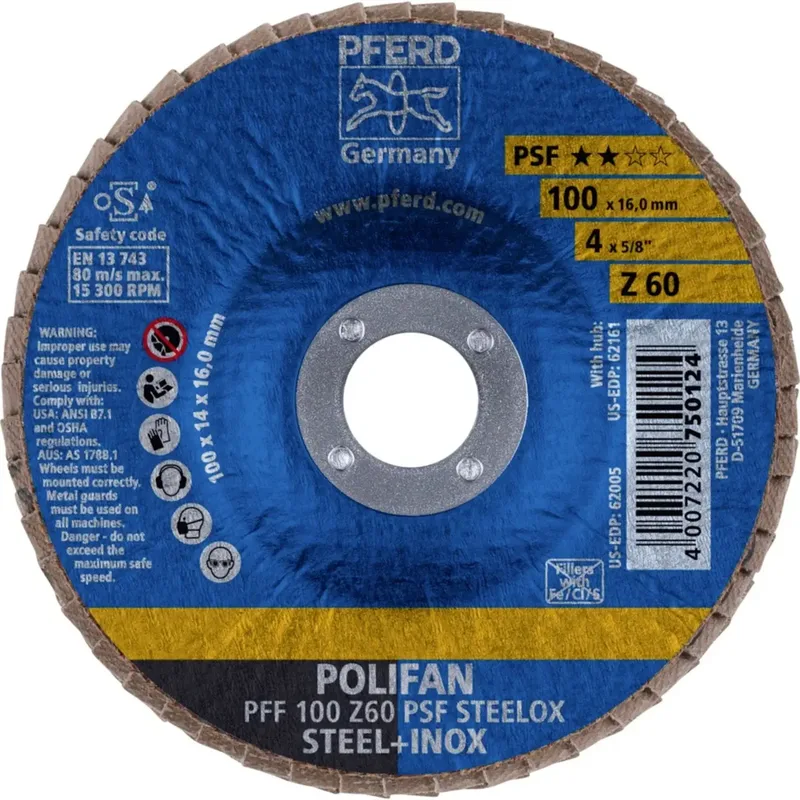 TOOLS 69300661 PFF 100 Z 60 PSF STEELOX/16,0 Fächerschleifscheibe Durchmesser 100 mm Bohrungs-Ø 16 mm Körnung (num) 60 Edelstahl, Stahl 10 St. de PFERD – image du produit 2 sur 2