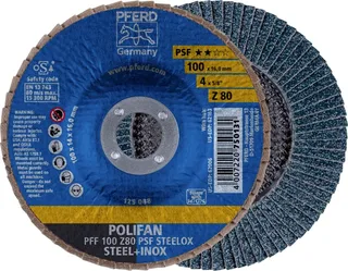 TOOLS 69300662 PFF 100 Z 80 PSF STEELOX/16,0 Fächerschleifscheibe Durchmesser 100 mm Bohrungs-Ø 16 mm Körnung (num) 80 Edelstahl, Stahl 10 St. von PFERD – Produktbild 1 von 2