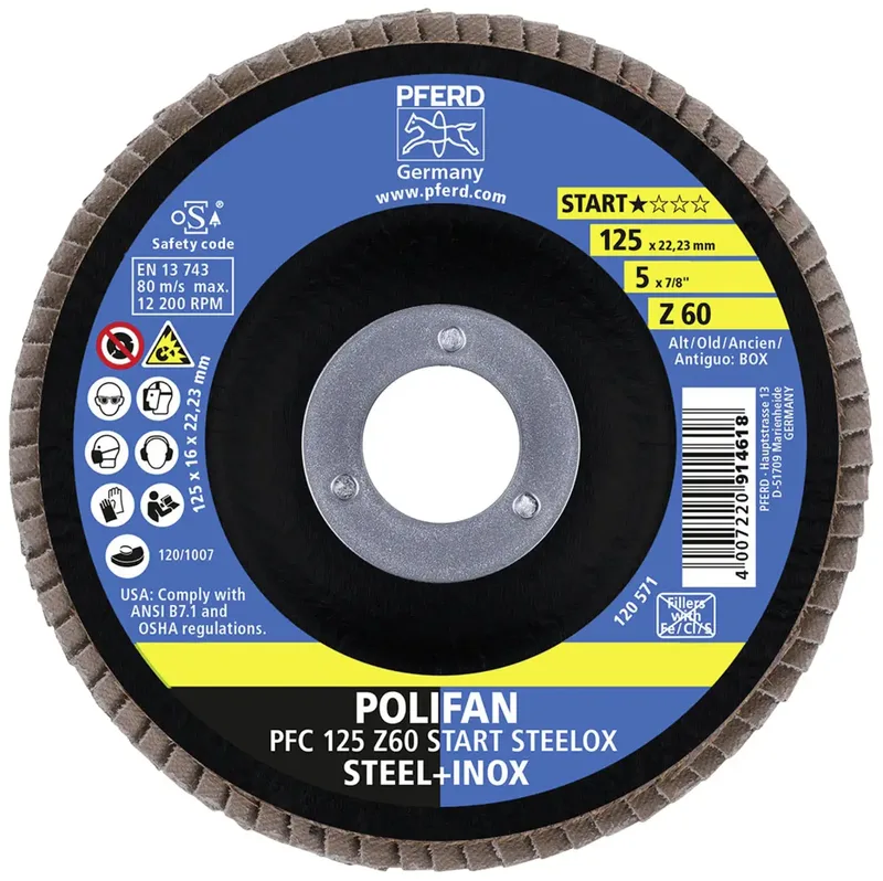 TOOLS 69300935 PFC 125 Z 60 START STEELOX Fächerschleifscheibe Durchmesser 125 mm Bohrungs-Ø 22.23 mm Körnung (num) 60 10 St. fra PFERD – produktbillede 1 af 3
