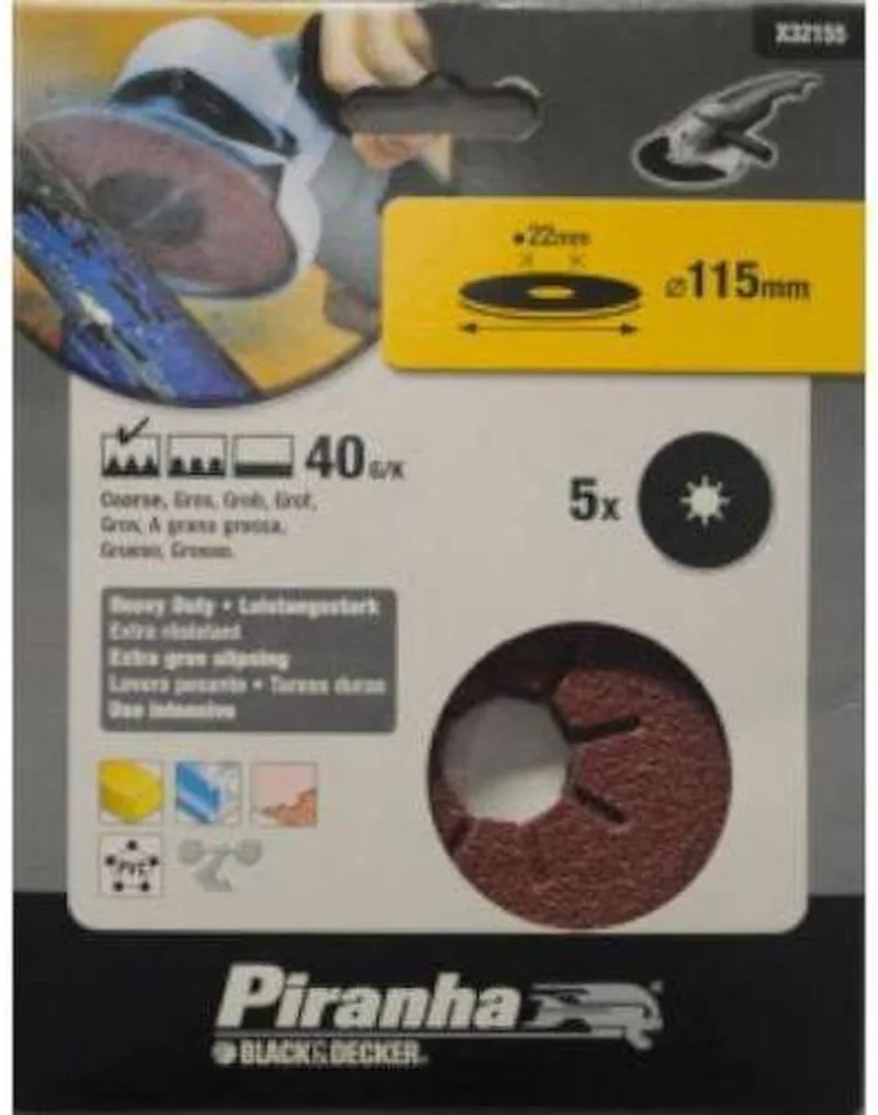 BLACK+DECKER Piranha schuurschijf K40 115x22 mm 5 stuks X32155-XJ voor haakse slijper van Piranha – productafbeelding