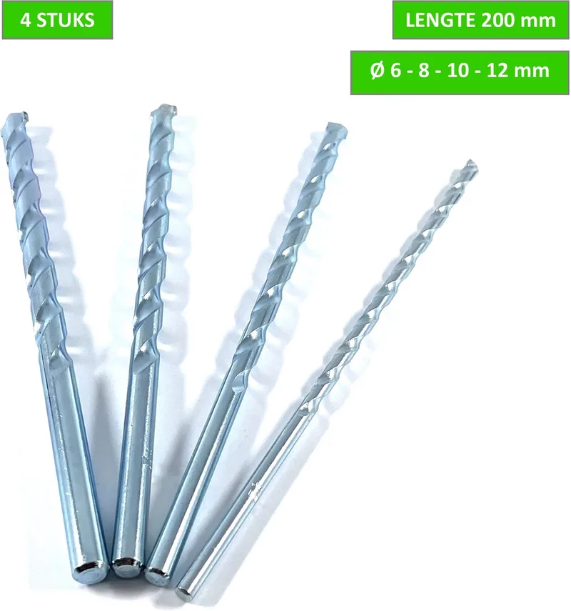 borenset - 4 stuks lange betonboor - Ø 6, 8, 10 en 12 mm - Lengte 200 mm van Piranha – productafbeelding