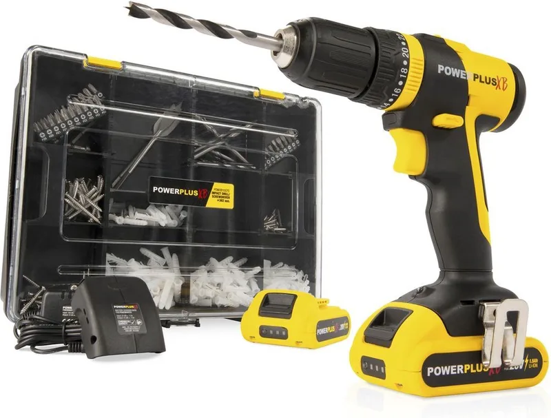 Accu klopboormachine POWXB10070 - 3 in 1: boren hamerboren en schroeven, 20 V boormachine, 30 Nm, Links en rechts schroeven, Incl. 2 accu's 1.5 Ah en 1 lader, 362 accessoires fra Powerplus – produktbillede 1 af 3