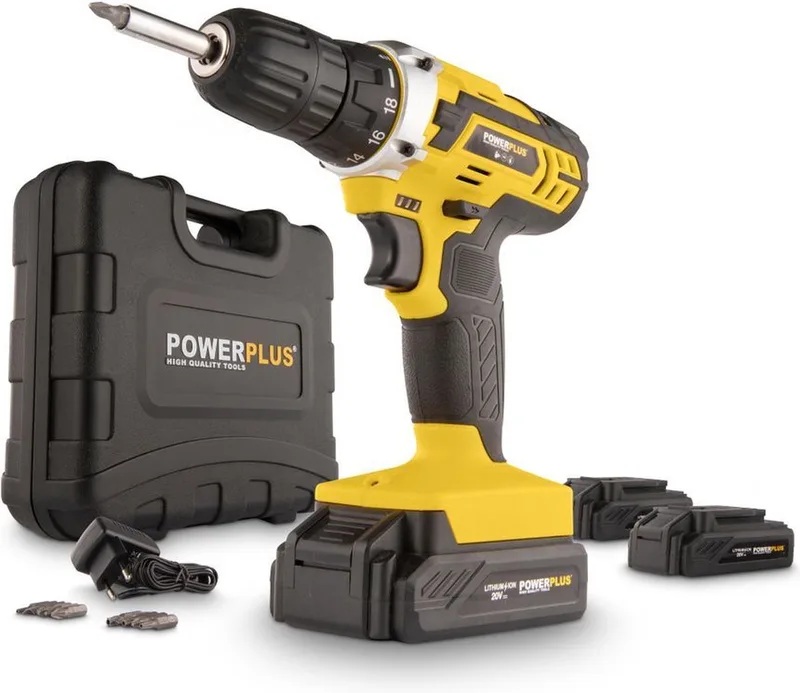 Accuboormachine POWX00501 - Schroefboormachine op Batterij van 20 V voor Hout en Metaal - incl. Batterij, Lader en Bits van Powerplus – productafbeelding 1 van 5