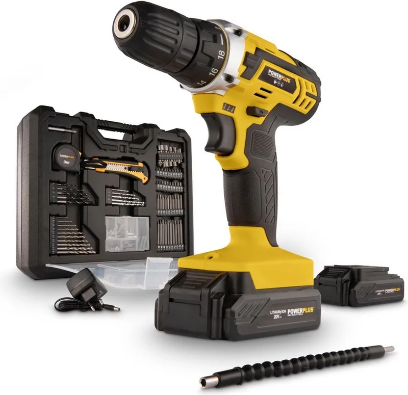 Accuboormachine POWX00830 - Schroefboormachine op Batterij van 20 V voor Hout en Metaal - incl. Batterij, Lader en Bits van Powerplus – productafbeelding 1 van 4