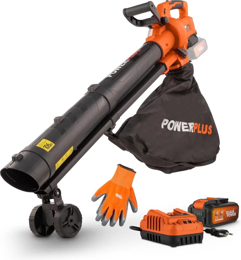Bladblazer/-zuiger borstelloos POWDPGBVS1 - 40V set incl. batterij 2x20V 2.5Ah en lader + handschoenen - tuingereedschap by Powerplus – product image