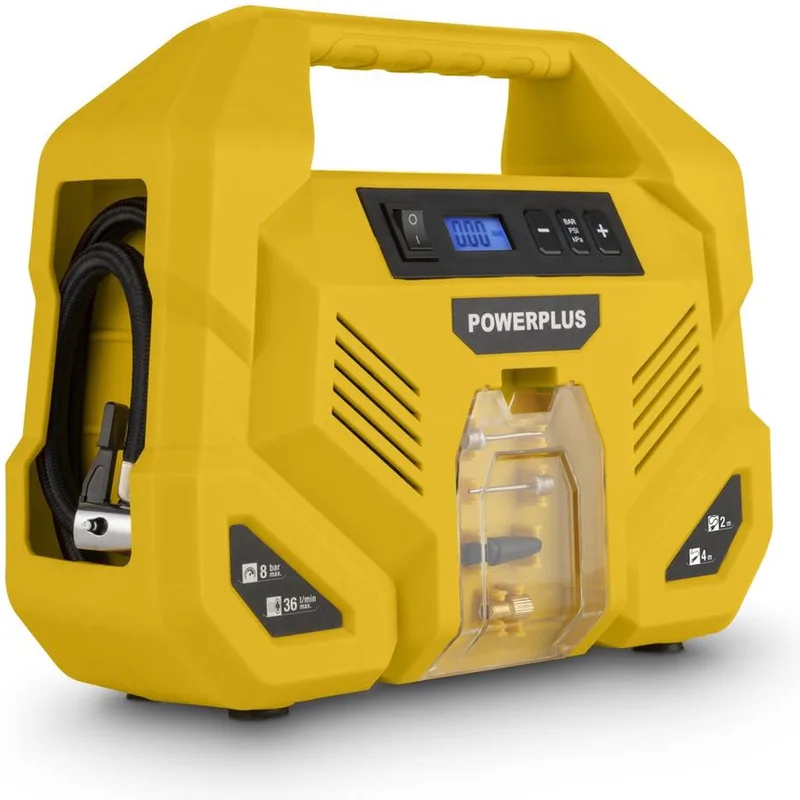 Compressor POWX1707 - 12 V draagbare luchtpomp - 8 bar - 36.5 l/min - Auto, fiets, luchtmatras en ballen by Powerplus, Yellow – product image