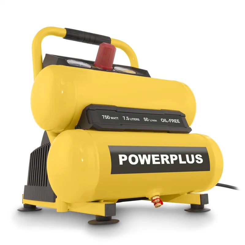 Compressor POWX17235 - dubbele tank 750W, geen olie met een capacitieit van 7,5 l - 8bar - 50L/min by Powerplus, Yellow – product image 1 of 2