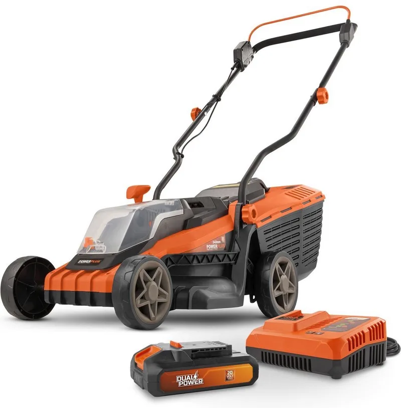 Dual Power Accu-grasmaaier POWDPGLWS1 - 20 V, 340 mm Ø grasmaaier, met accu en lader, met 30 L grasopvangbak en achteruitworp by Powerplus – product image
