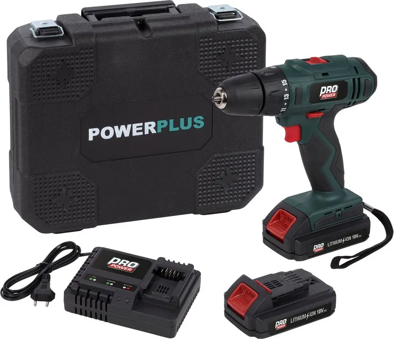 Dual Power Accuboormachine POWP8040 - Schroefboormachine van 18 V voor Hout, Steen en Metaal - incl. Batterij en Lader van Powerplus – productafbeelding
