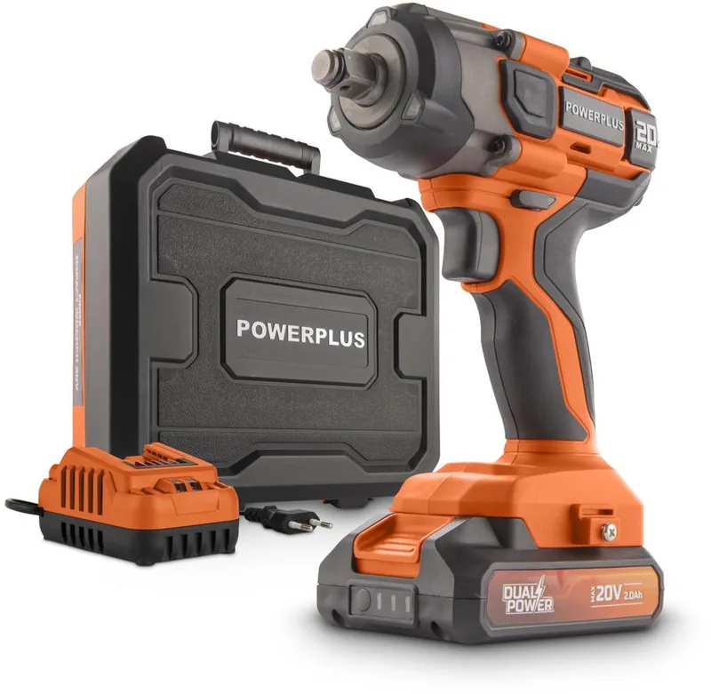 Dual Power batterij slagmoersleutel POWDP20161 - 1/2" snoerloze slagmoersleutel 20 V, 4350 tpm en 220 Nm, incl. accu en lader by Powerplus – product image