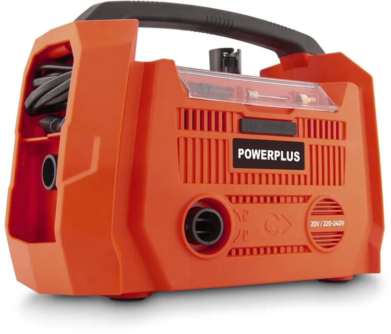 Dual Power - POWDP7031 - 20 V - Geborsteld - Compressor oppompen - ontluchten - 20V + 220V - excl. batterij en lader - 3 acc. van Powerplus, Oranje – productafbeelding 1 van 2