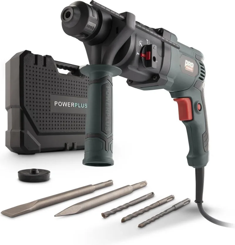 Elektrische klopboormachine POWP3010 - 4 in 1: boren hamerboren beitelen en beitelrotatie, 800 W boormachine, 4 J, SDS-plus, 5 accessoires von Powerplus – Produktbild