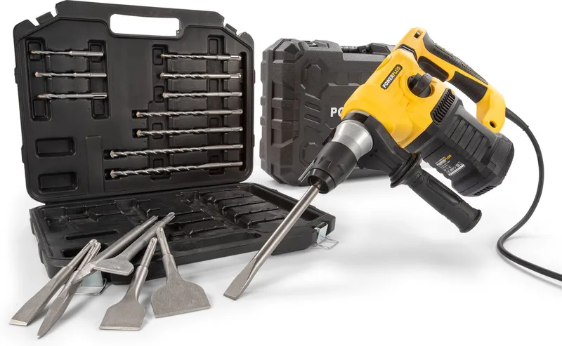 Elektrische klopboormachine POWX1199 - 4 in 1: boren hamerboren beitelen en beitelrotatie, 1500 W boormachine, 5 J, 6 snelheidsfuncties, SDS-plus, 17 accessoires fra Powerplus – produktbillede