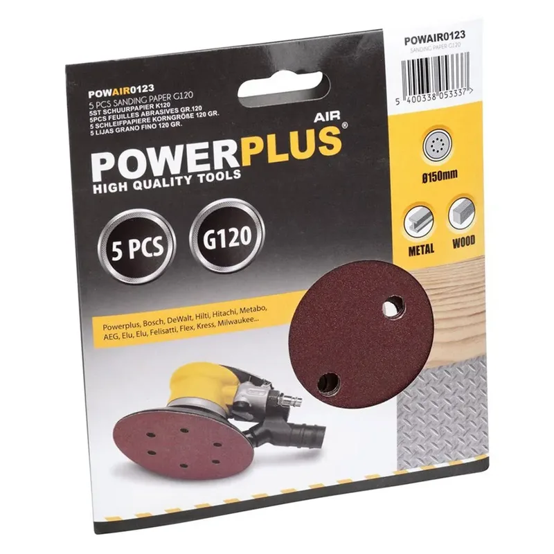 POWAIR0123 Rond schuurpapier voor vlakschuurmachines D150mm | Schuurschijf K120 5 stuks by Powerplus – product image 2 of 2