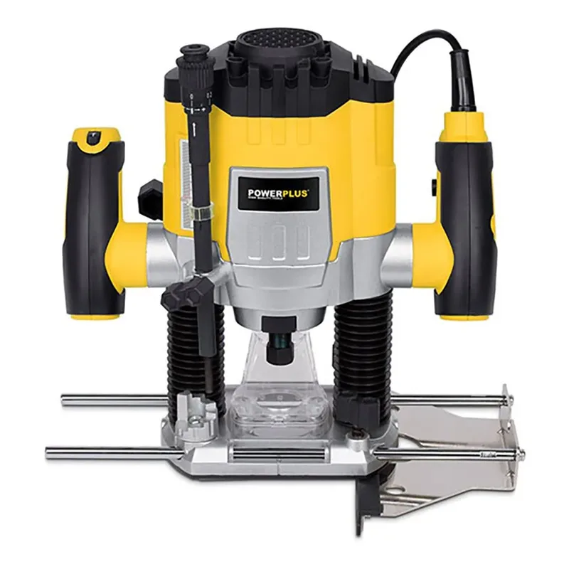 POWX0910 Bovenfrees - 1200W - Max. diepte: 35mm - Variabele snelheid - Incl. opbergkoffer parallelgeleider, stofzuigaansluiting, 6-delige freesset en 7 accessoires de Powerplus, Jaune – image du produit 3 sur 6