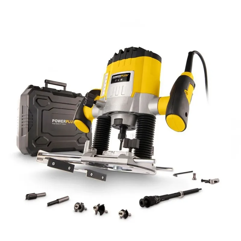 POWX0910 Bovenfrees - 1200W - Max. diepte: 35mm - Variabele snelheid - Incl. opbergkoffer parallelgeleider, stofzuigaansluiting, 6-delige freesset en 7 accessoires de Powerplus, Jaune – image du produit 4 sur 6