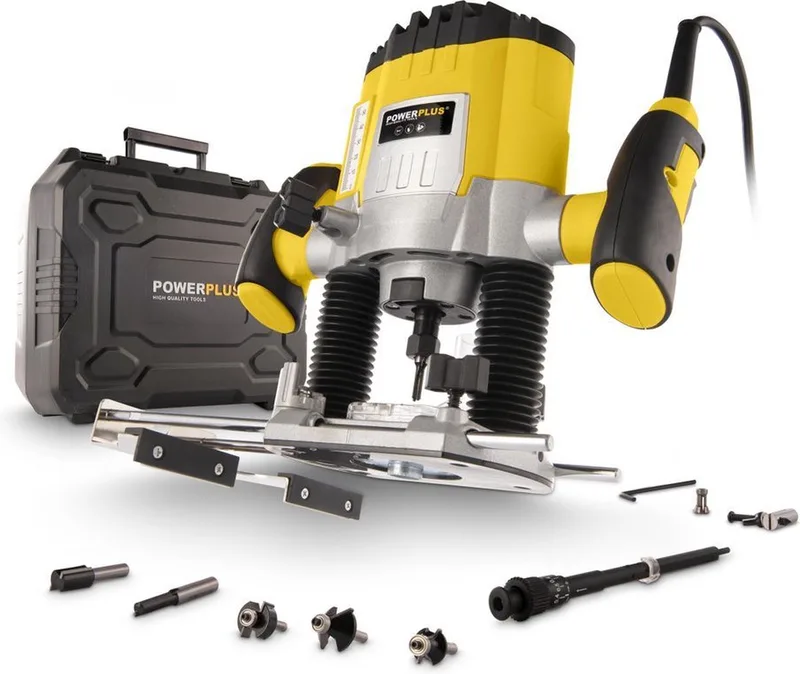 POWX0910 Bovenfrees - 1200W - Max. diepte: 35mm - Variabele snelheid - Incl. opbergkoffer parallelgeleider, stofzuigaansluiting, 6-delige freesset en 7 accessoires de Powerplus, Jaune – image du produit 1 sur 6