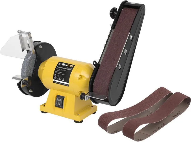 POWX1270 Tafelslijp- schuurmachine - 240W - Ø150mm - Stofdichte schakelaar - Vonkvanger - Incl. 1 slijpschijf en 3 schuurbanden van Powerplus – productafbeelding 1 van 4