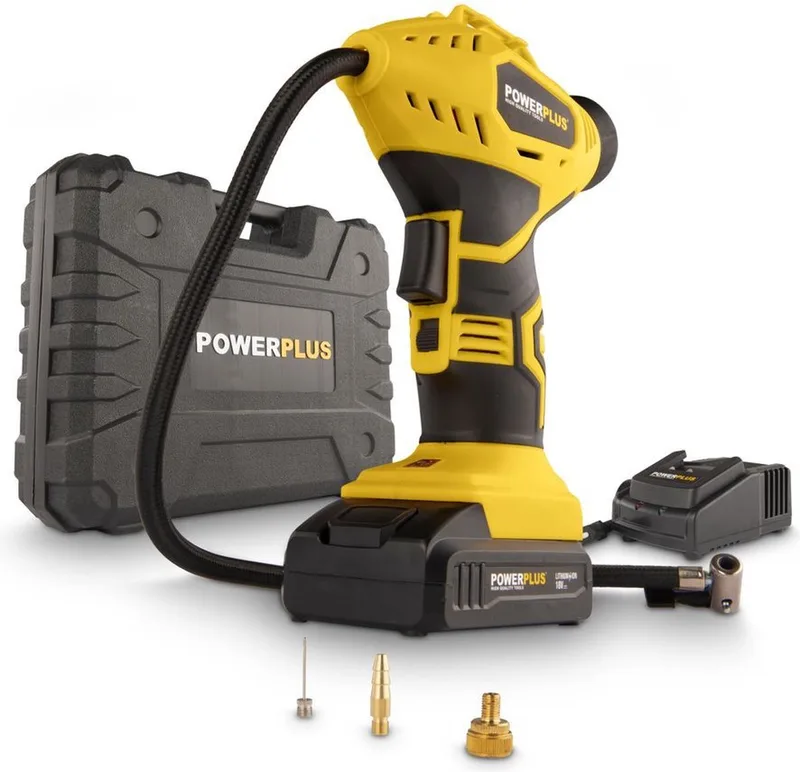 POWX1700 Accu Compressor - Luchtcompressor - 18V - 8 bar - Incl. 1 x 1,5Ah Accu, lader, koffer en accessoires van Powerplus, Geel – productafbeelding
