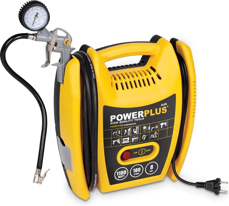 POWX1705 Compressor - Luchtcompressor - 1100W - 8 bar - 3m slang - Incl. 8 accessoires by Powerplus, Yellow – product image